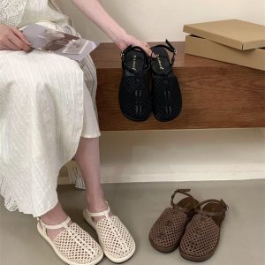 2025 Spring New Korean Style French Retro Fishnet Toe-Covered Slippers for Women Hollow Breathable Flat