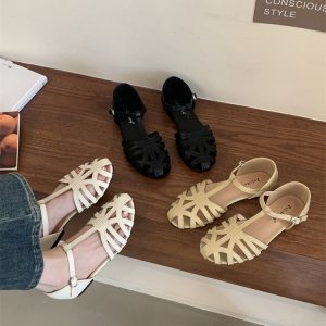2025 Summer Retro Roman Sandals for Women Flat Round Toe Hollow Woven Strap Sandals - Style 5b2175