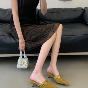 2026 New Style Women's Pointed Toe Low Heel Suede Slingback Sandals Breathable Hollow Out Comfortable Shoes