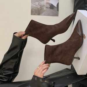 2025 New Autumn Winter Pointed Toe Thin Heel Short Boots Women Suede Slim Fit Comfortable Stretchy Ankle Boots