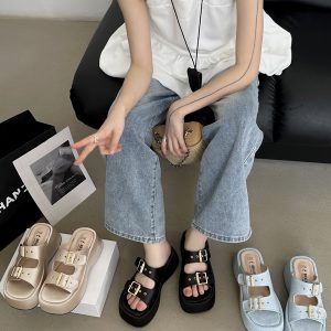 2025 New Thick Sole Double Buckle Korean Style Women's Slippers