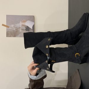 2025 New Winter Suede Western Buckle Stacked Boots for Women Square Toe Chunky Heel Riding Boots