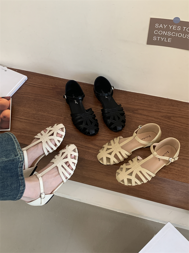 2025 Summer Retro Roman Sandals for Women Flat Round Toe Hollow Woven Strap Sandals - Style 5b2175